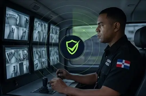 Agente de seguridad privada con auricular en comunicación directa con la central de Hard Security en Santo Domingo