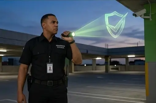 Vigilante privado de Hard Security realizando patrullaje nocturno con linterna en un parqueo del Distrito Nacional