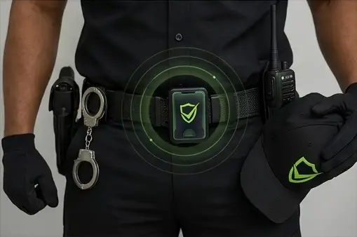 Vigilante privado verificando control de acceso biométrico en un centro de datos de Santo Domingo